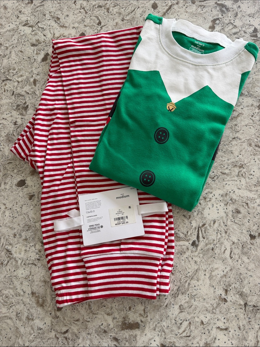 NWT Carter’s Adult Green Elf Top & Red Stripe Pajama Set - Medium